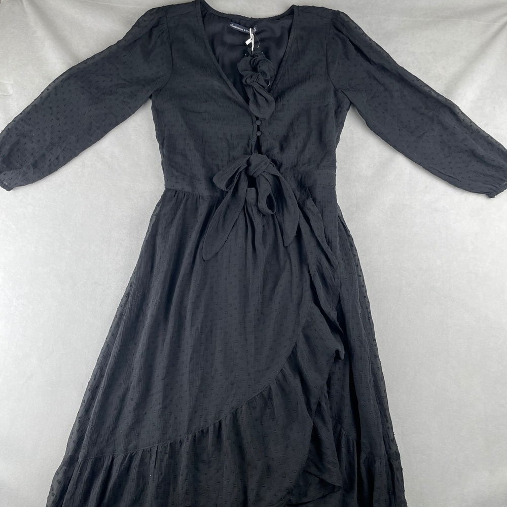 Abercrombie & Fitch Dress Womens Black Swiss Dot Ruffle Wrap Midi Tie Whimsigoth - Picture 2 of 13